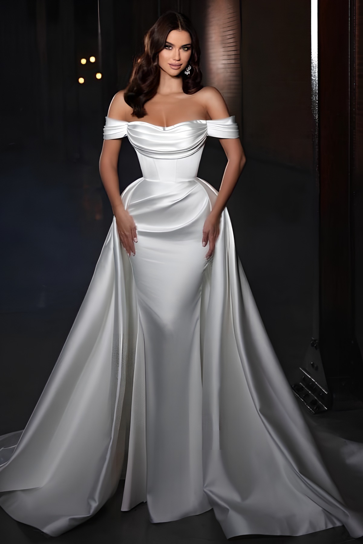 Long Off the Shoulder Strapless Mermaid Sleeveless Chapel Train Satin Wedding Dress with Ruffles
