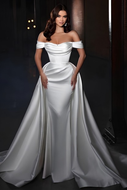 Long Off the Shoulder Strapless Mermaid Sleeveless Chapel Train Satin Wedding Dress with Ruffles