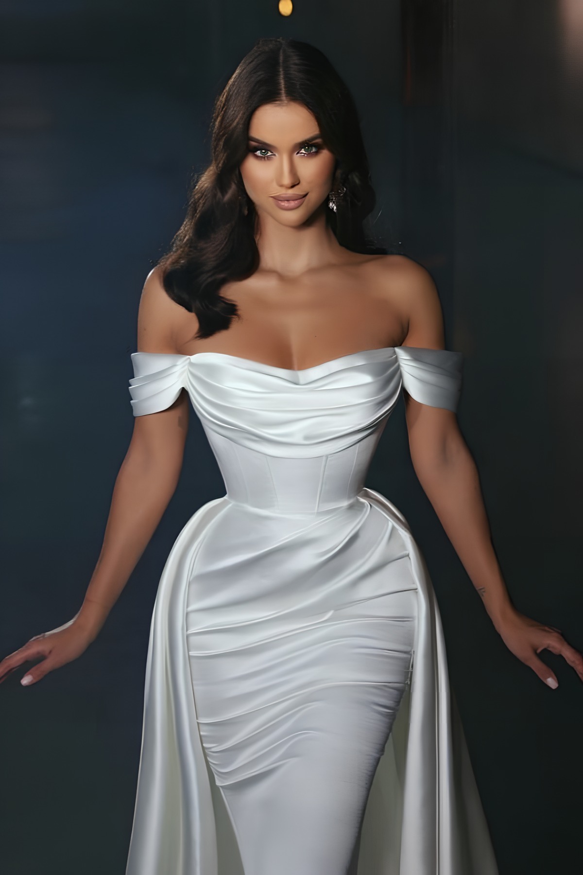 Long Off the Shoulder Strapless Mermaid Sleeveless Chapel Train Satin Wedding Dress with Ruffles