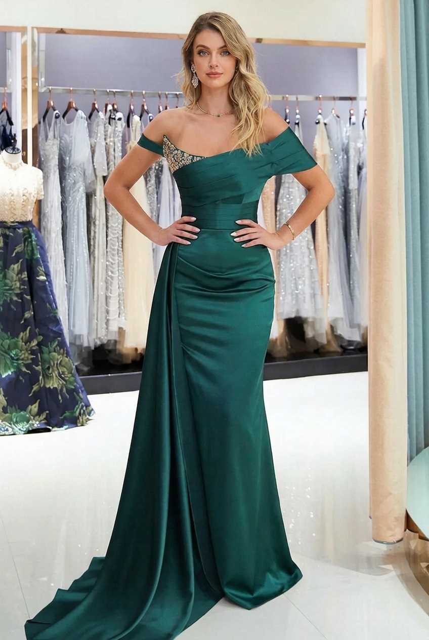 Long One Shoulder Appliques Lace Mermaid Satin Prom Dress