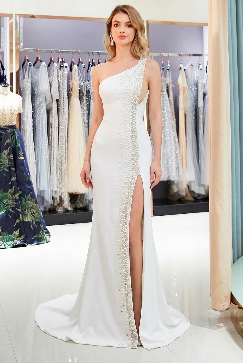 Long One Shoulder High Slit Mermaid White Satin Prom Dress