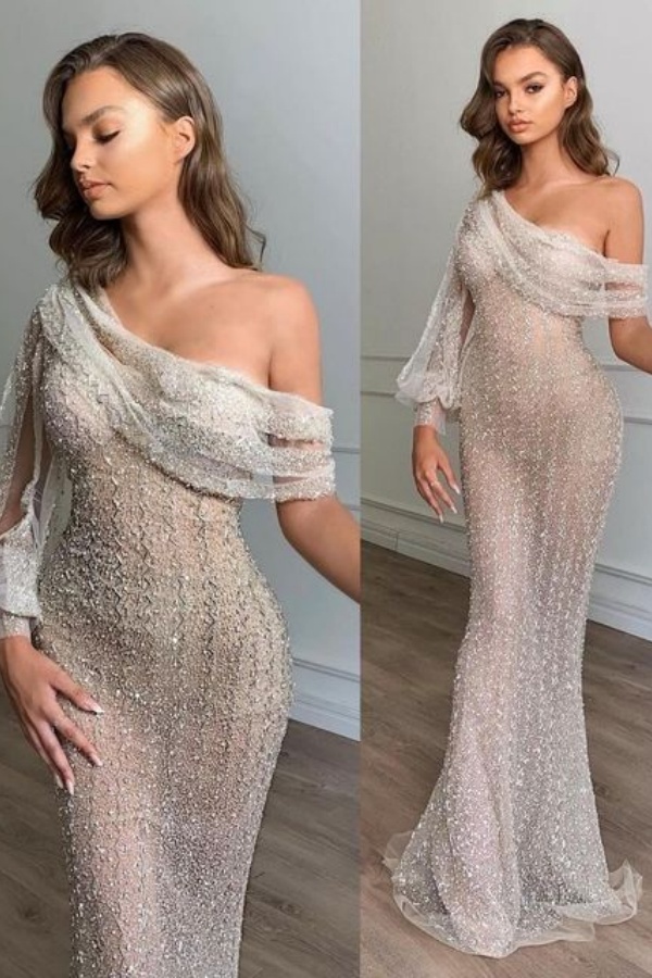 Long One Shoulder Sequins Floor Length Mermaid Prom Dress With Puffy Sleeves
