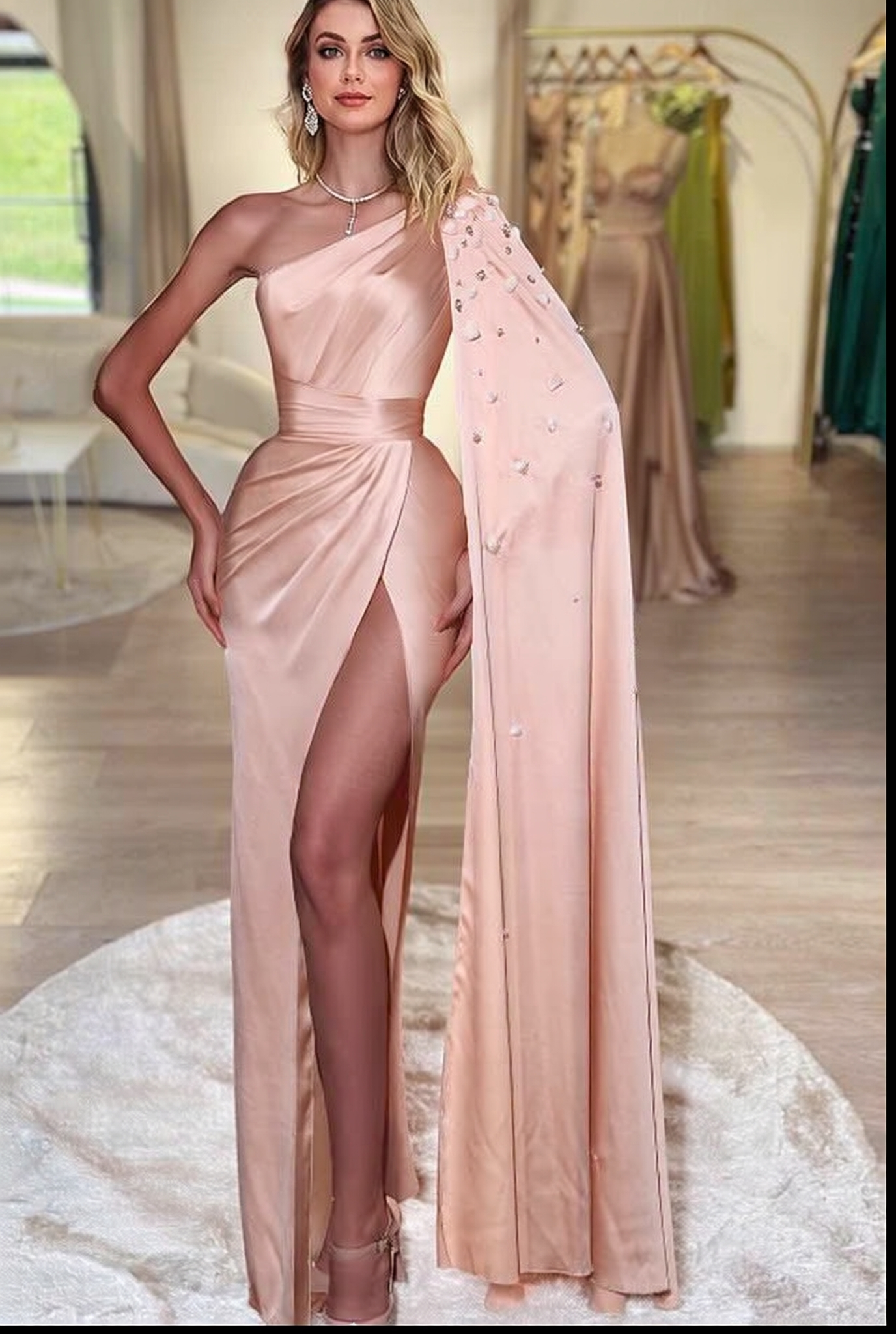 Long One Shoulder Split Front Satin Mermaid Prom Dress with Shawls