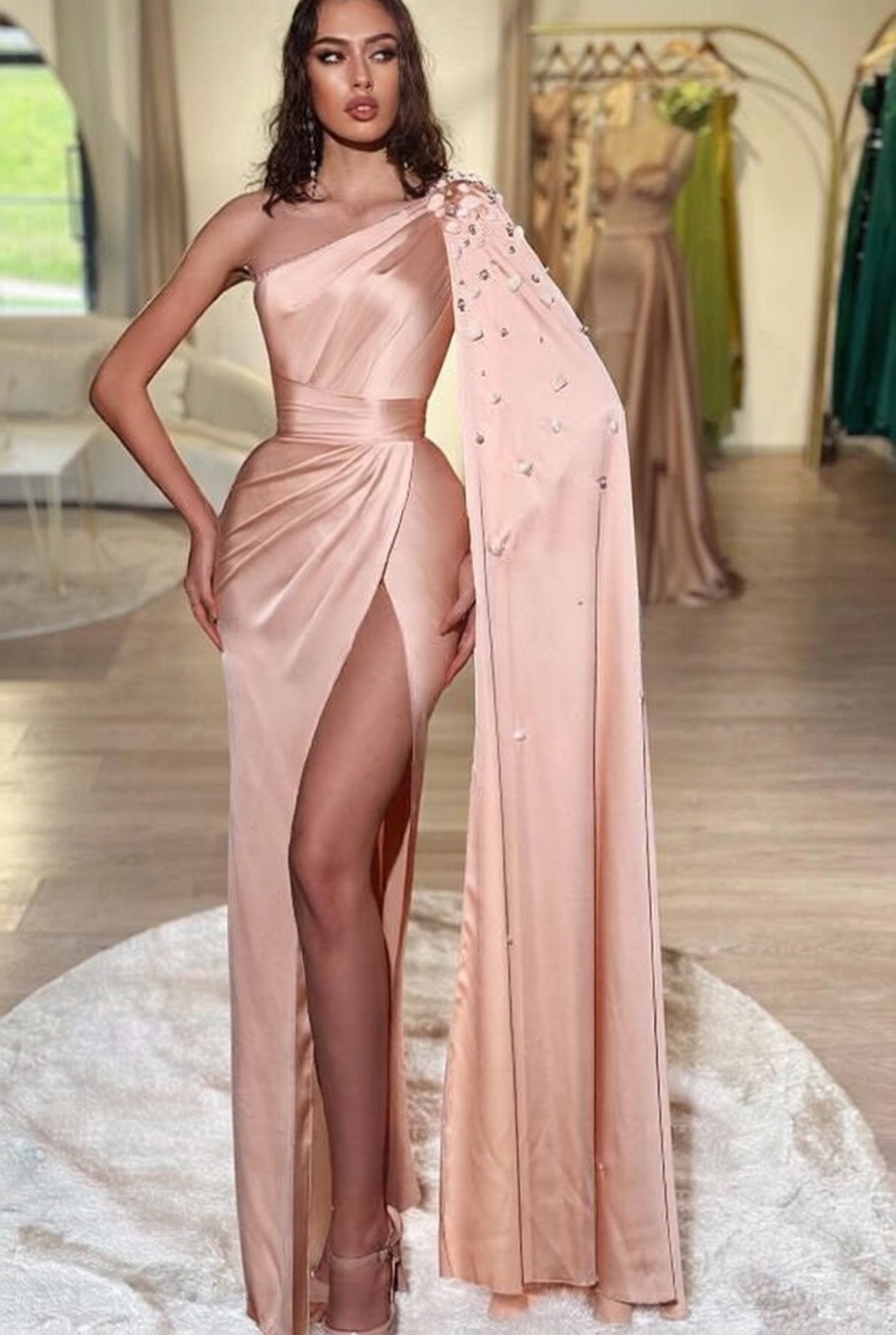 Long One Shoulder Split Front Satin Mermaid Prom Dress with Shawls