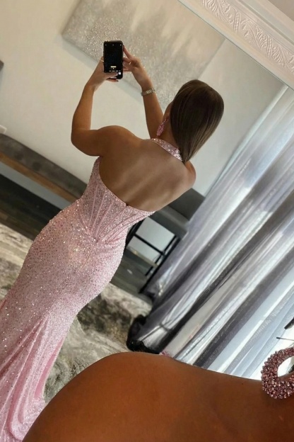 Pink Halter Sleeveless Sequined Mermaid Prom Dress with Slit
