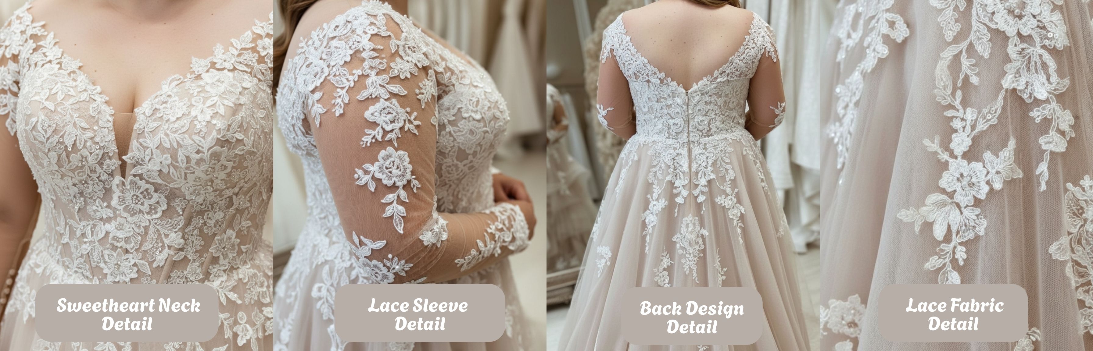 Long Plus Size A-Line Sweetheart Tulle Wedding Dresses with Lace Sleeves-Detail