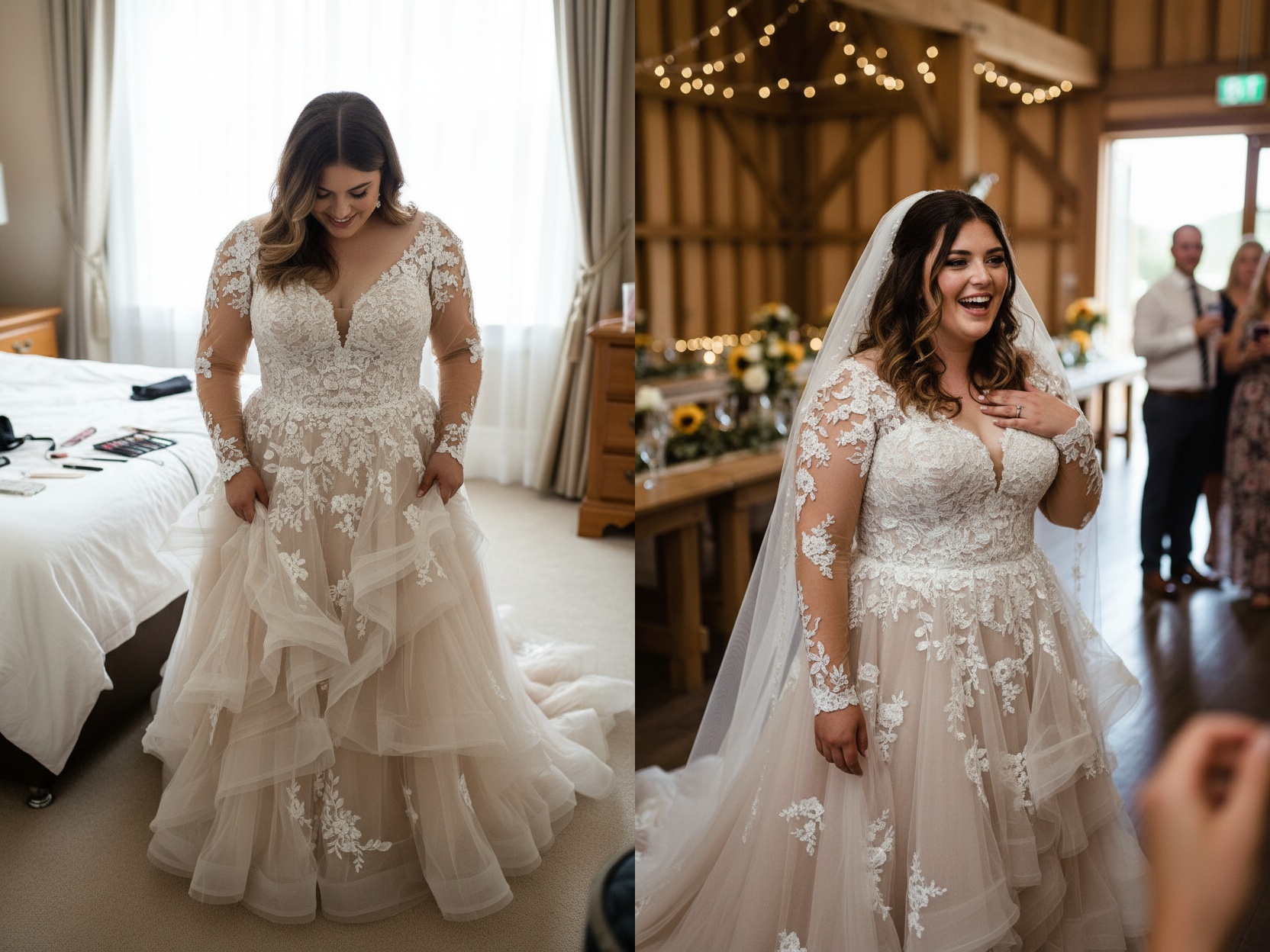 Long Plus Size A-Line Sweetheart Tulle Wedding Dresses with Lace Sleeves-Review1