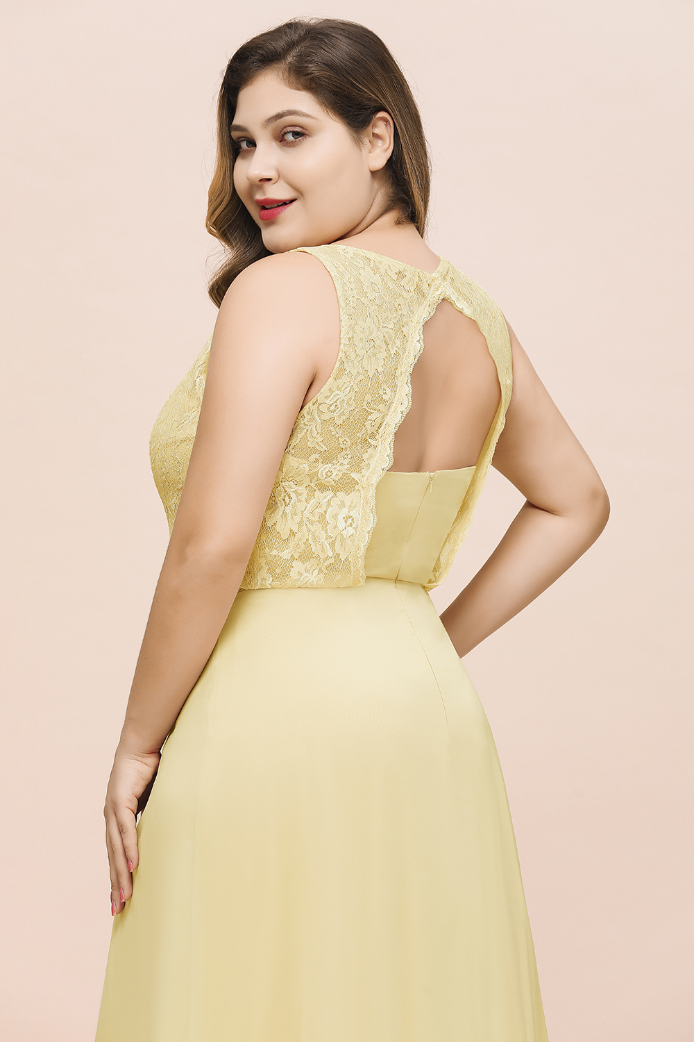 Long Plus Size Chiffon Jewel Daffodil Bridesmaid Dress with Lace