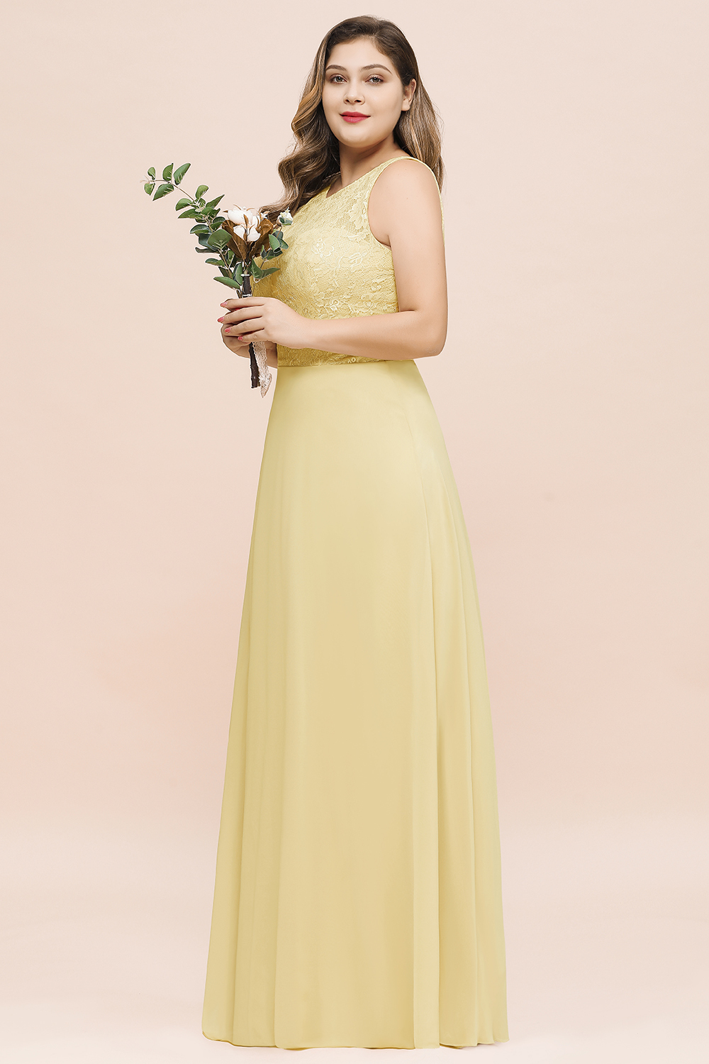 Long Plus Size Chiffon Jewel Daffodil Bridesmaid Dress with Lace