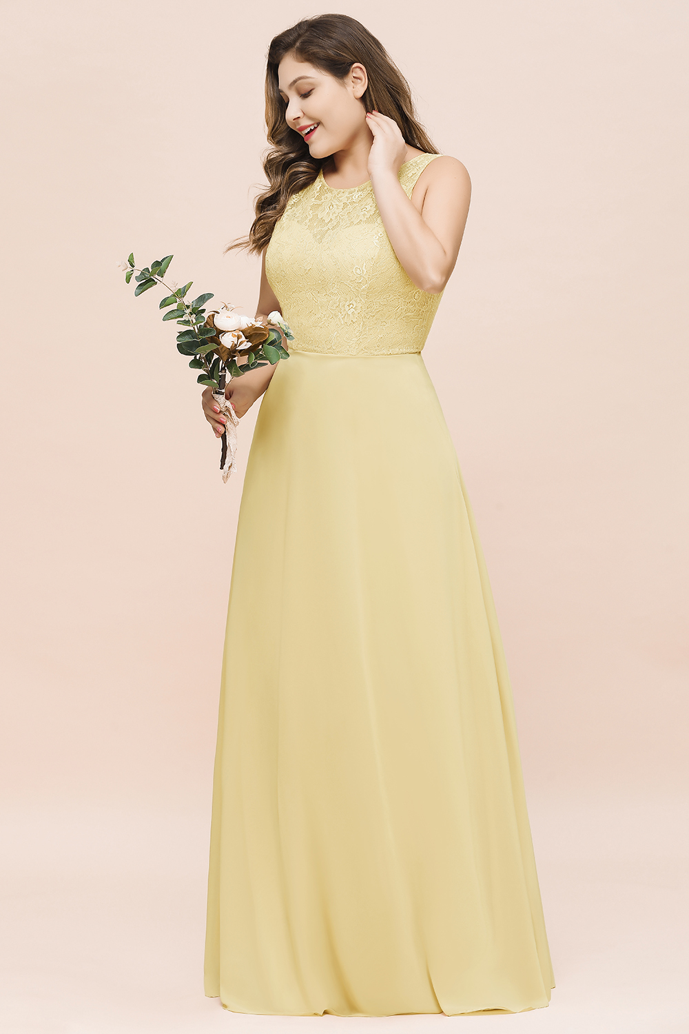 Long Plus Size Chiffon Jewel Daffodil Bridesmaid Dress with Lace