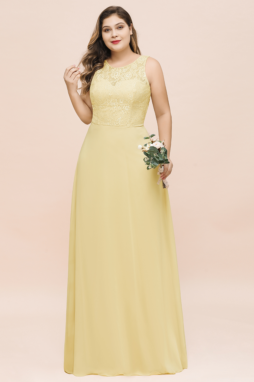 Long Plus Size Chiffon Jewel Daffodil Bridesmaid Dress with Lace