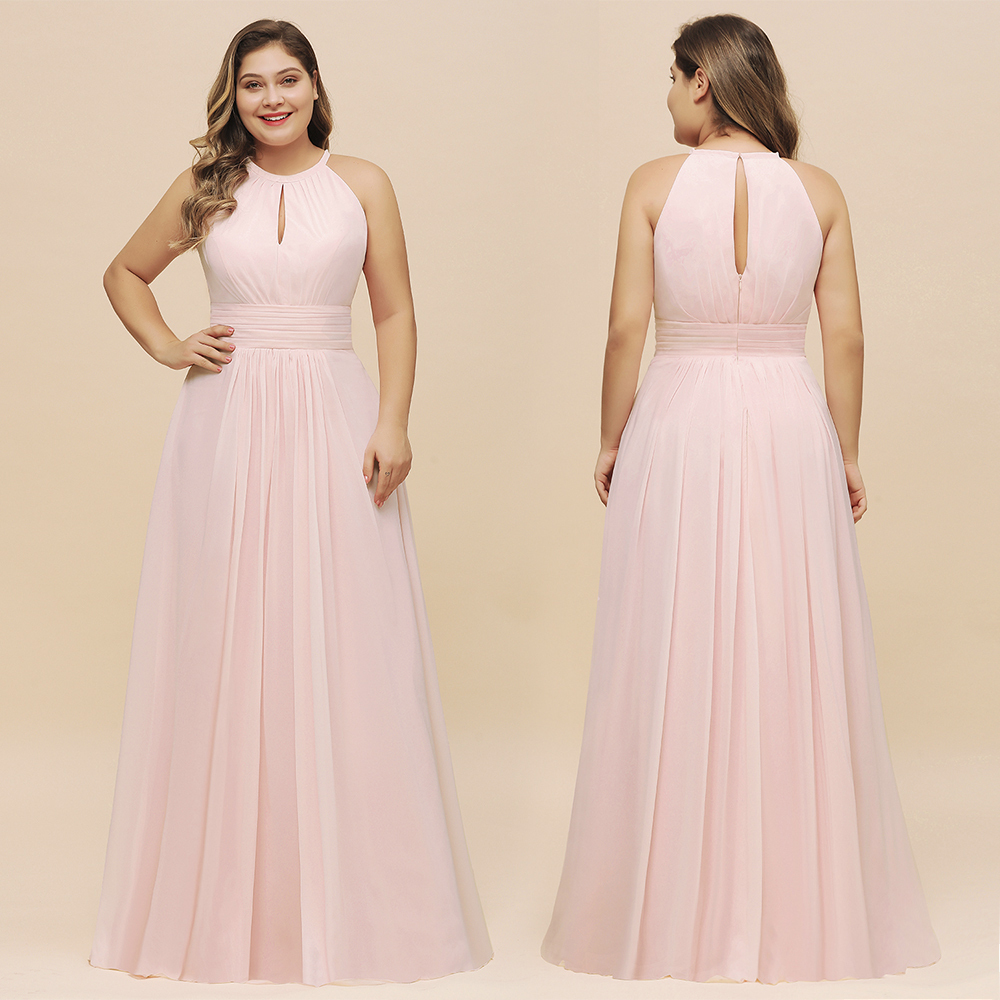 Long Plus Size Long Halter Chiffon Pink Bridesmaid Dress