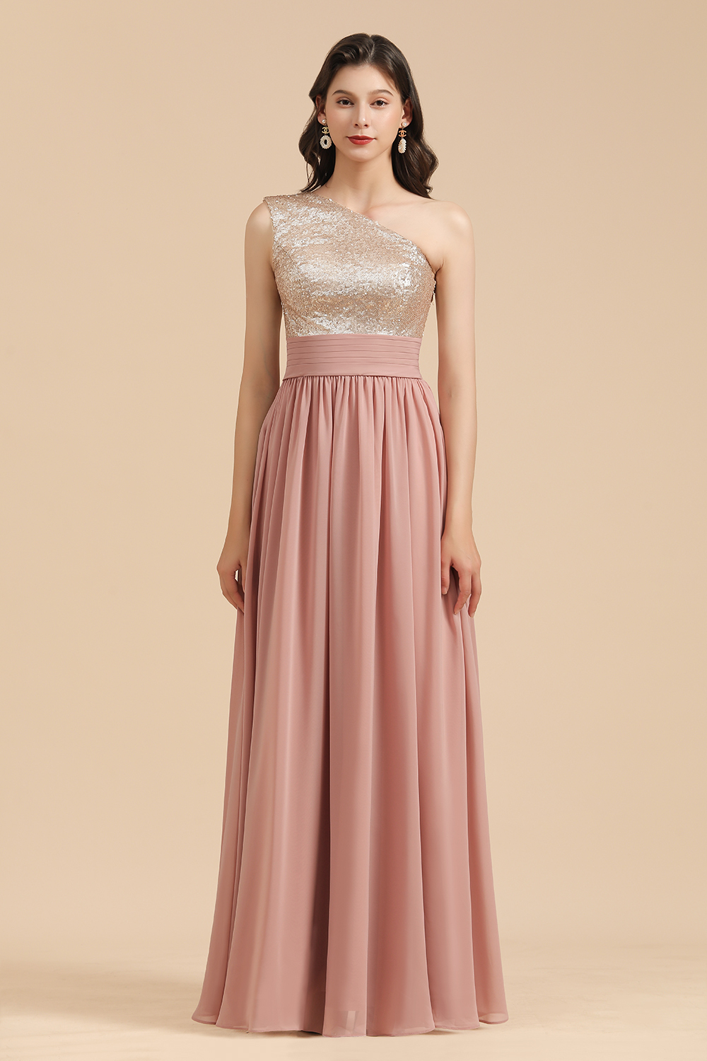 Long Sequins A-line One Shoulder Pink Bridesmaid Dress