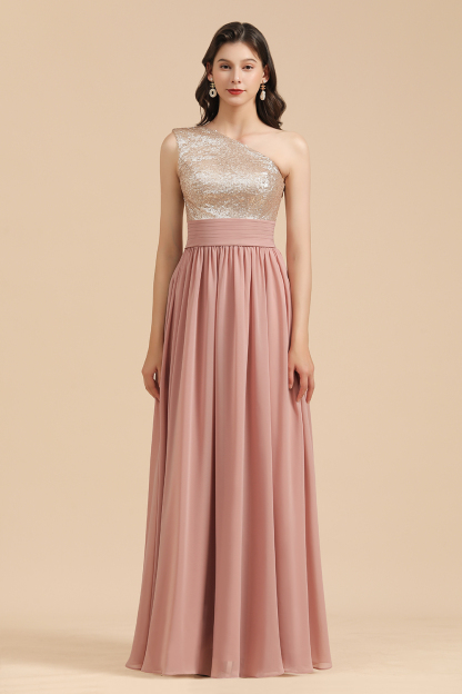 Long Sequins A-line One Shoulder Pink Bridesmaid Dress