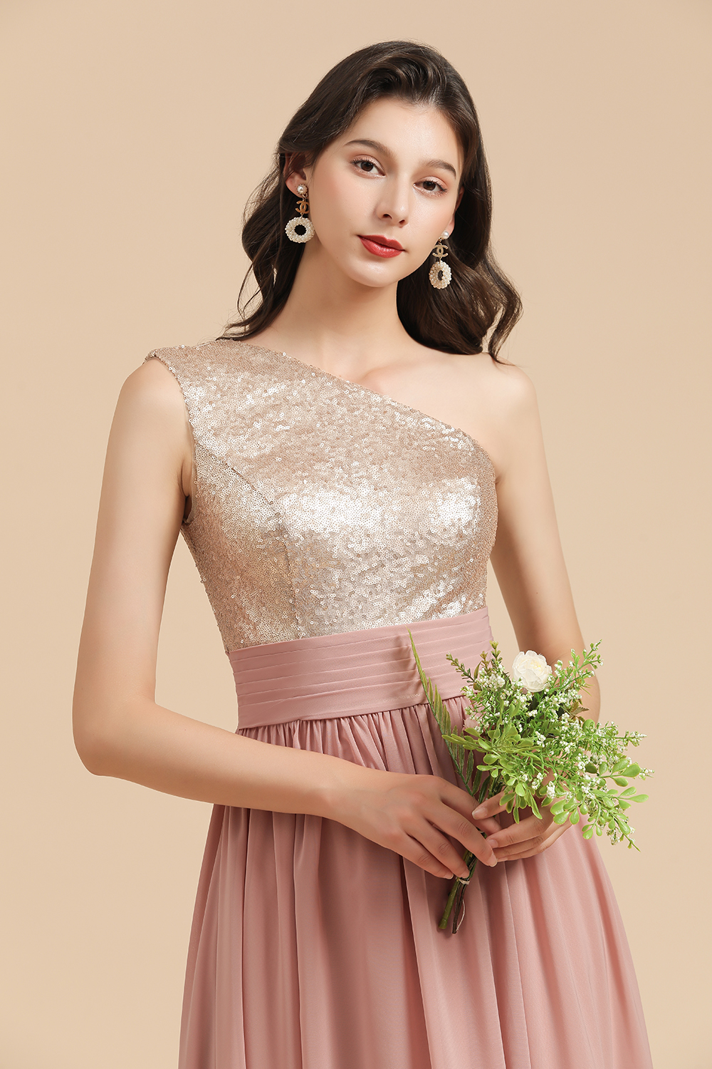 Long Sequins A-line One Shoulder Pink Bridesmaid Dress