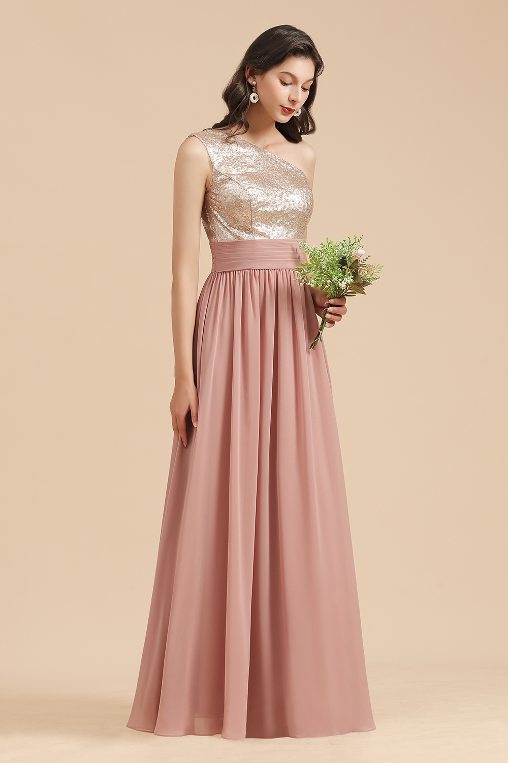 Long Sequins A-line One Shoulder Pink Bridesmaid Dress