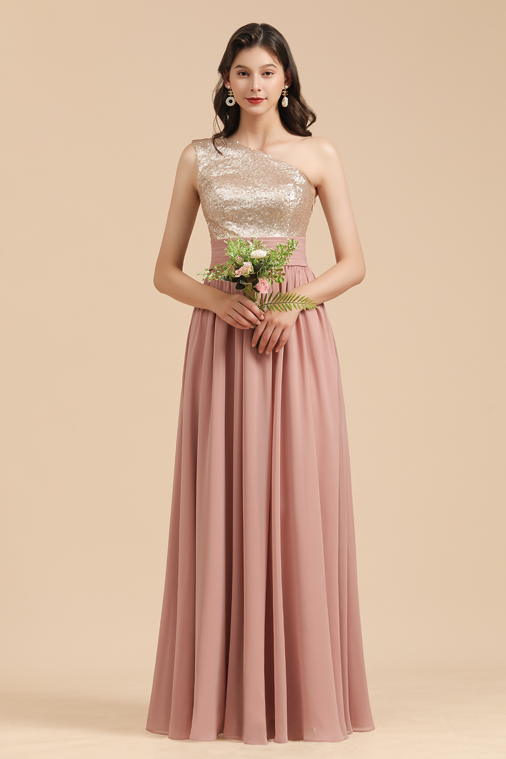 Long Sequins A-line One Shoulder Pink Bridesmaid Dress