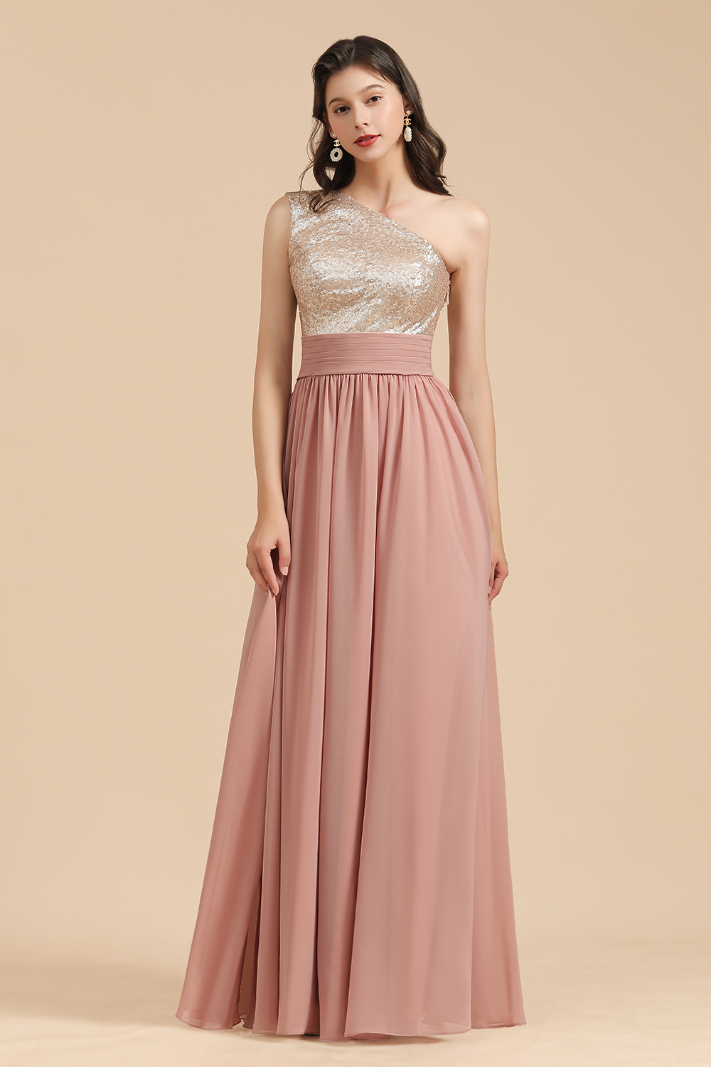 Long Sequins A-line One Shoulder Pink Bridesmaid Dress