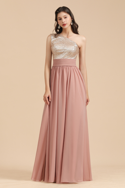 Long Sequins A-line One Shoulder Pink Bridesmaid Dress