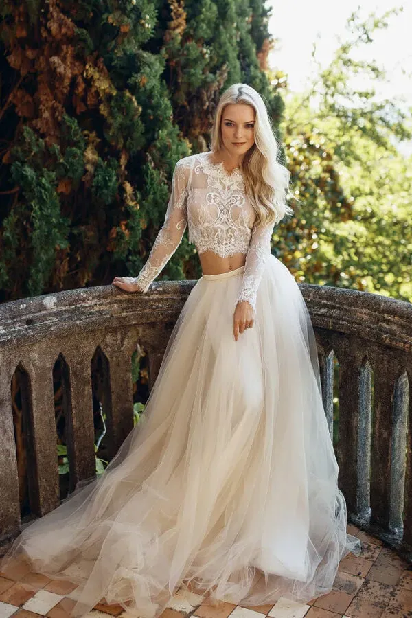 Long Sleeve A-line Lace Tulle Two Piece Wedding Dress