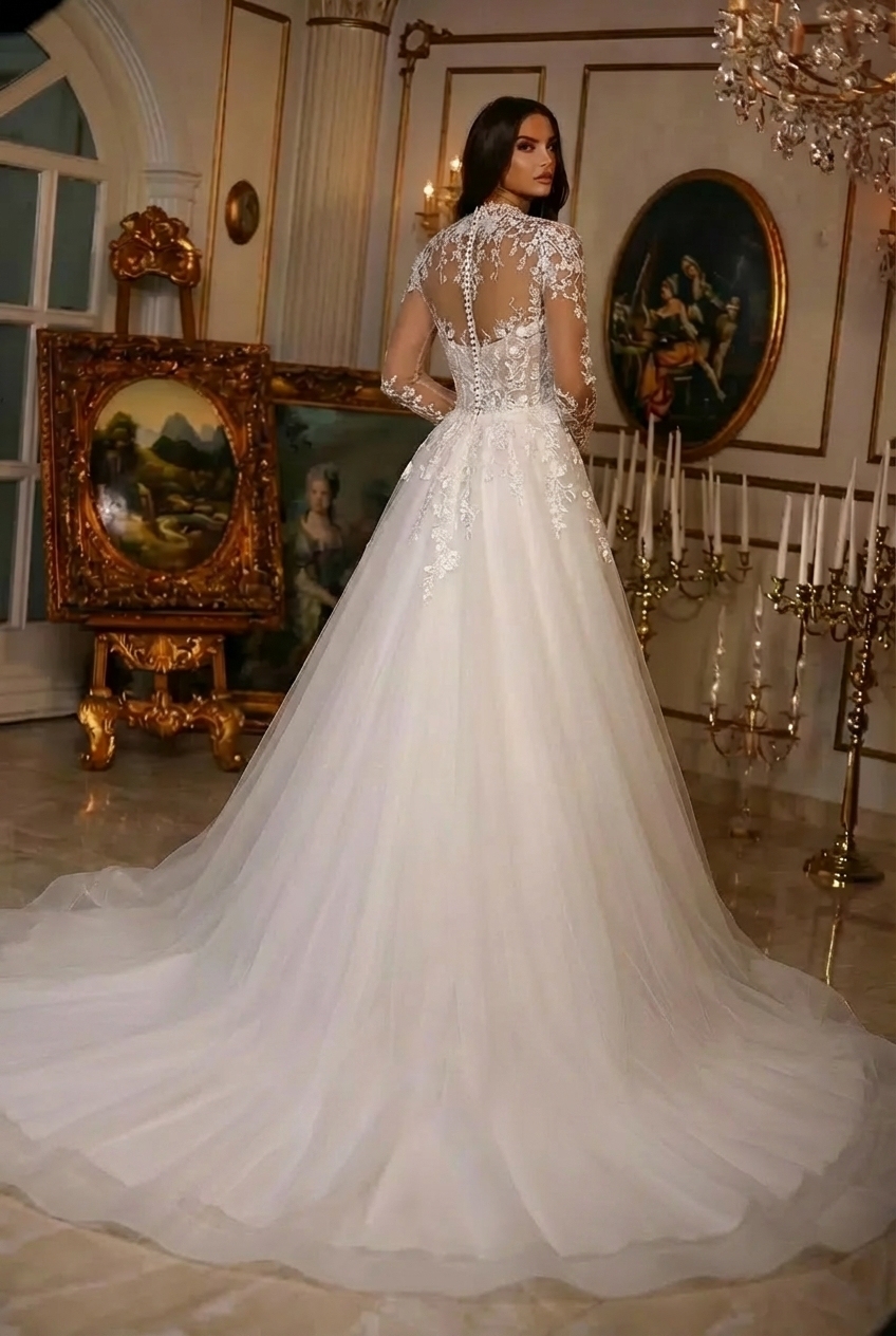 Long Sleeve A-line Tulle Long Lace White Button Wedding Dress