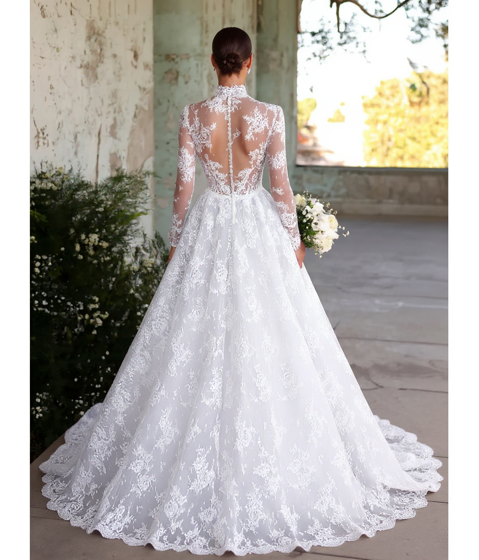 Long Sleeve High Neck A-Line Appliques Lace Tulle Wedding Dress