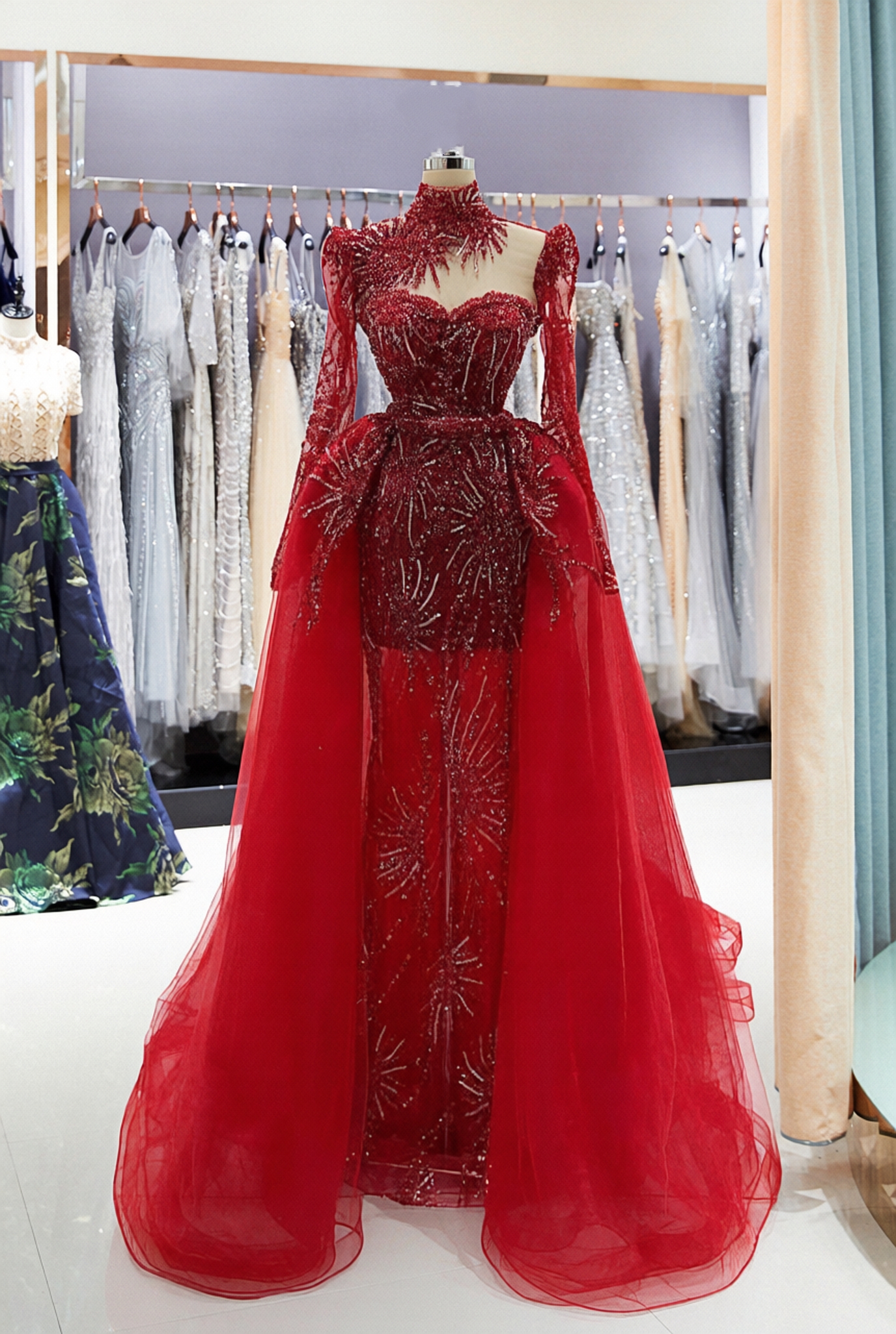 Long Sleeve Mermaid High Neck Appliques Prom Dress with Detachable Train