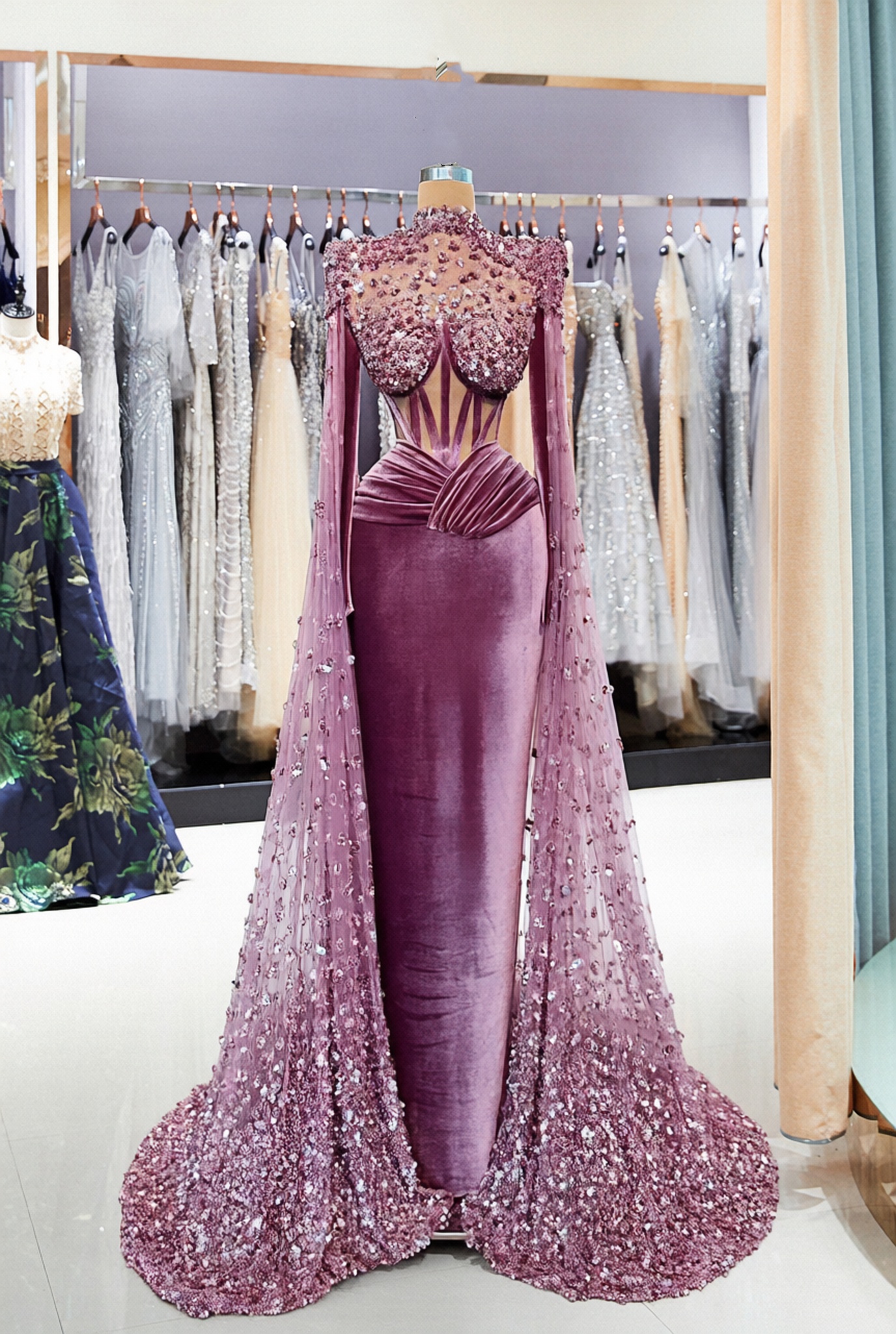 Long Sleeve Mermaid High Neck Floor Lenth Velvet Formal Dress