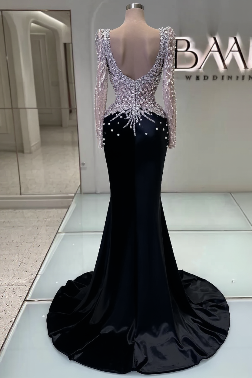 Black Long Sleeve Mermaid Sweetheart Prom Dress with Beads