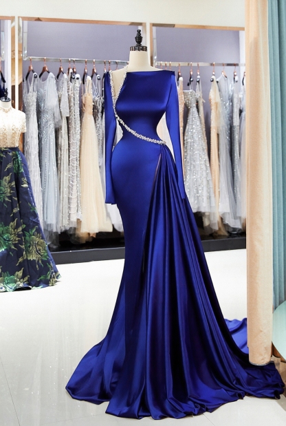 Long Sleeve Satin Beaded Mermaid Prom Dress with Panel Train