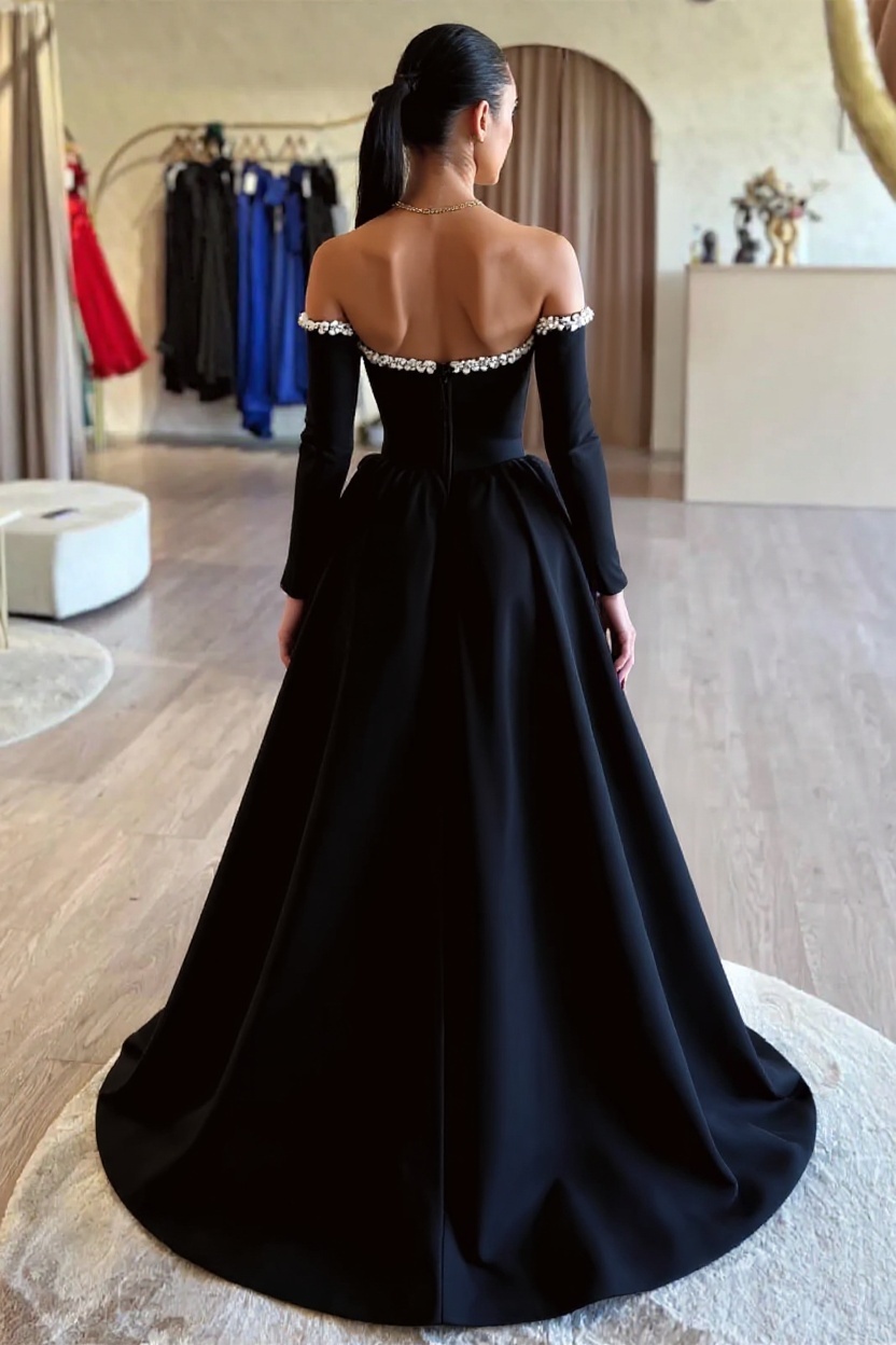 Long Sleeves A-Line Off The Shoulder Beaded Prom Dress with Split Front