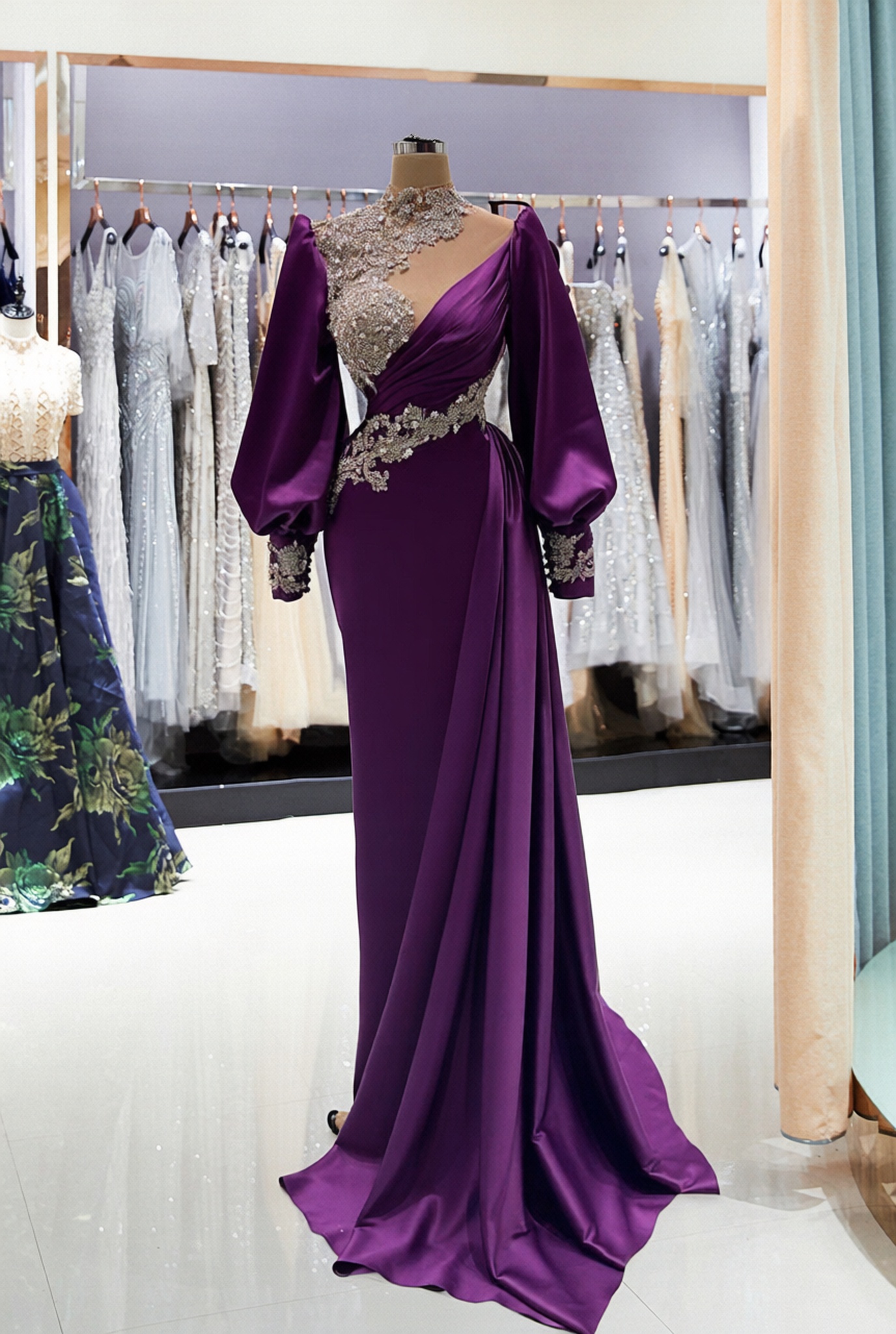 Long Sleeves High Neck Sparkle Beaded Mermaid Formal Evening Dress