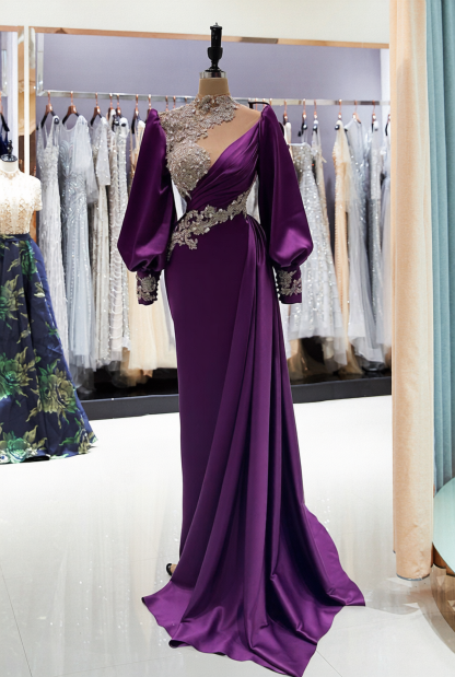 Long Sleeves High Neck Sparkle Beaded Mermaid Formal Evening Dress