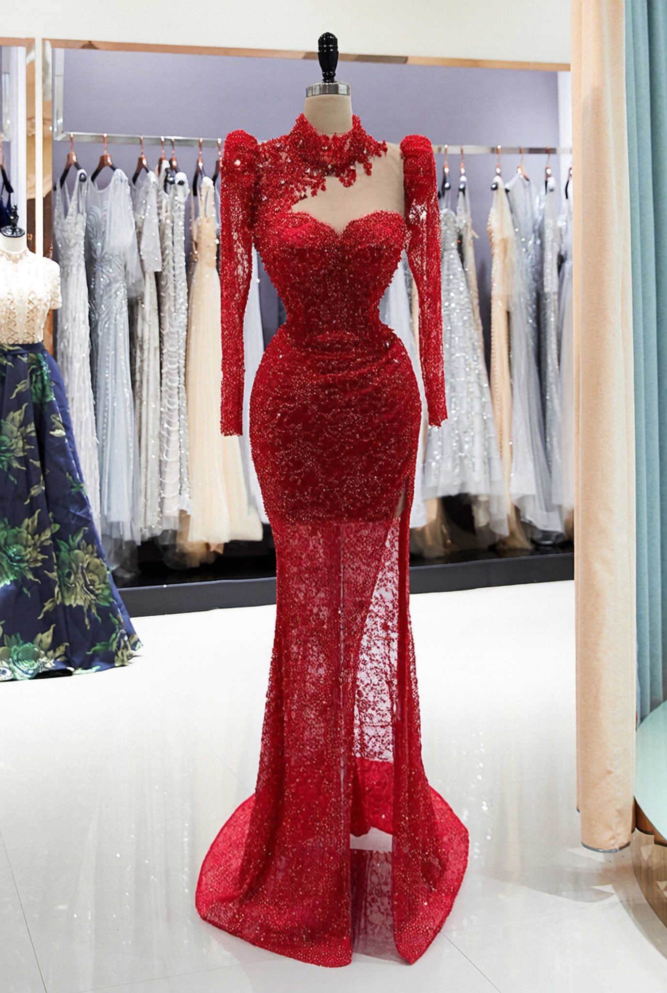 Long Sleeves Mermaid High Neck Sequined Beading Formal Prom Dress with Slit