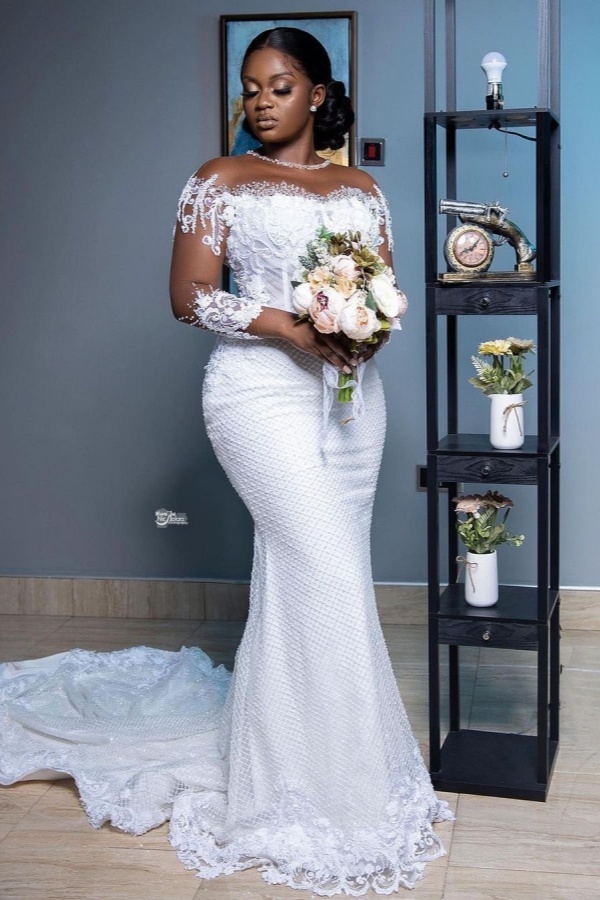 Long Sleeves Mermaid Sweetheart Tulle Lace Plus Size Wedding Dress with Sweep Train