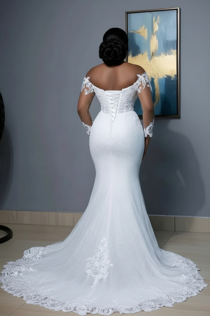 Long Sleeves Mermaid Sweetheart Tulle Lace Plus Size Wedding Dress with Sweep Train