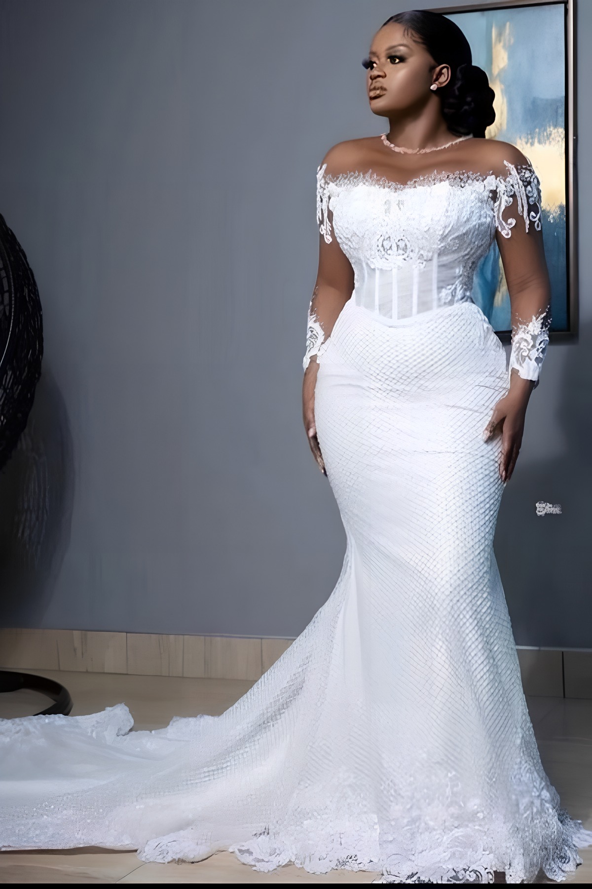 Long Sleeves Mermaid Sweetheart Tulle Lace Plus Size Wedding Dress with Sweep Train