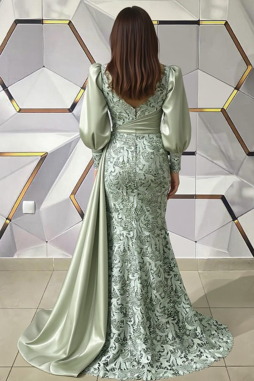 Long Sleeves Mermaid V-neck Lace Satin Formal Evening Dress with Half Train