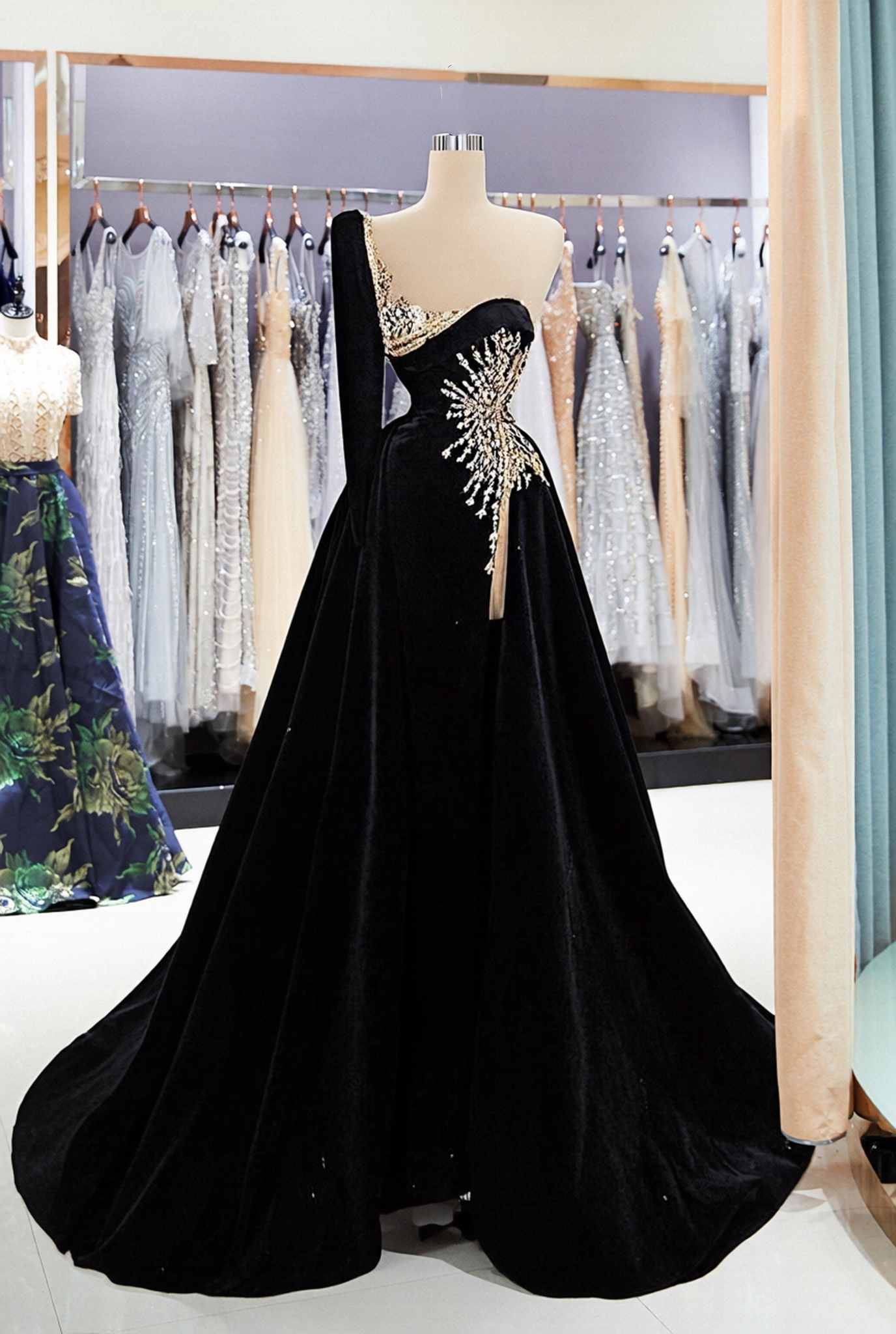 Long Sleeves Mermaid Velvet One Shoulder Formal Dress with Split Front