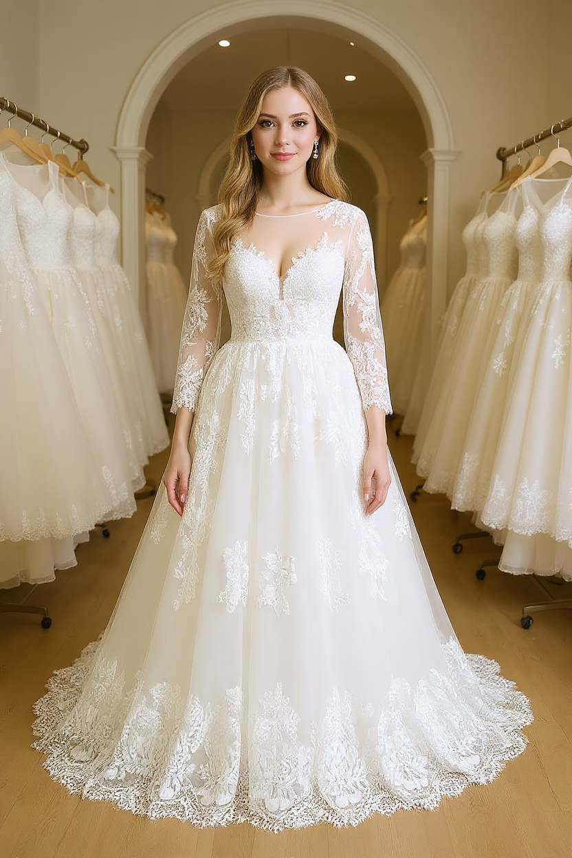 Long Sleeves Tulle A-line Lace Backless Wedding Dress