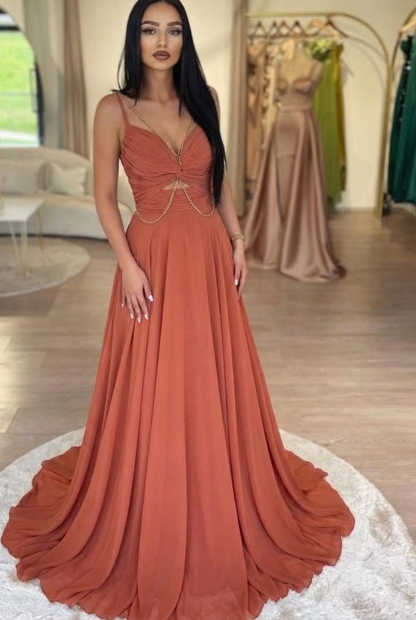 Long Spaghetti Straps Sweetheart Chiffon Prom Dress with Ruffles