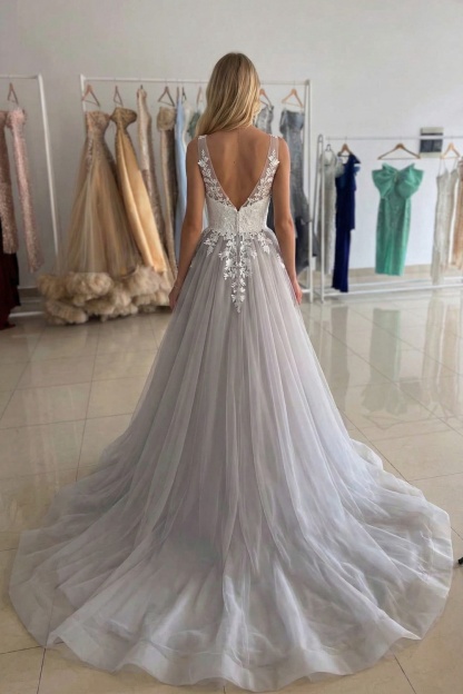 Long Square Neck Appliques Tulle A-line Backless Prom Dress