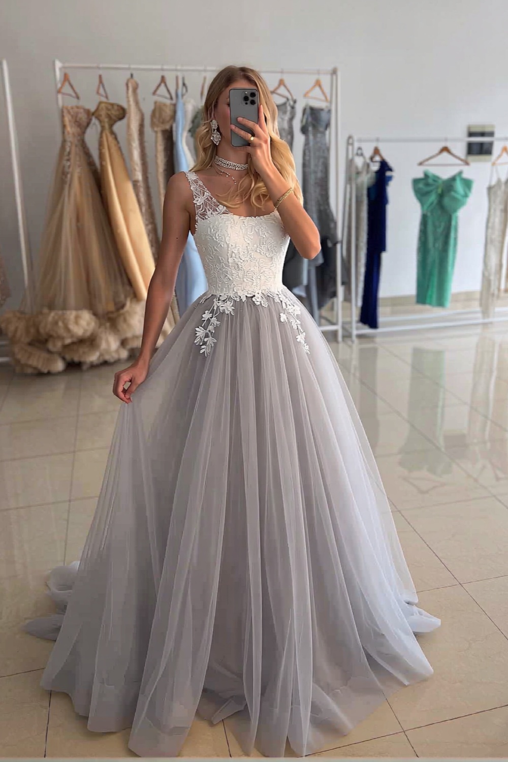 Long Square Neck Appliques Tulle A-line Backless Prom Dress