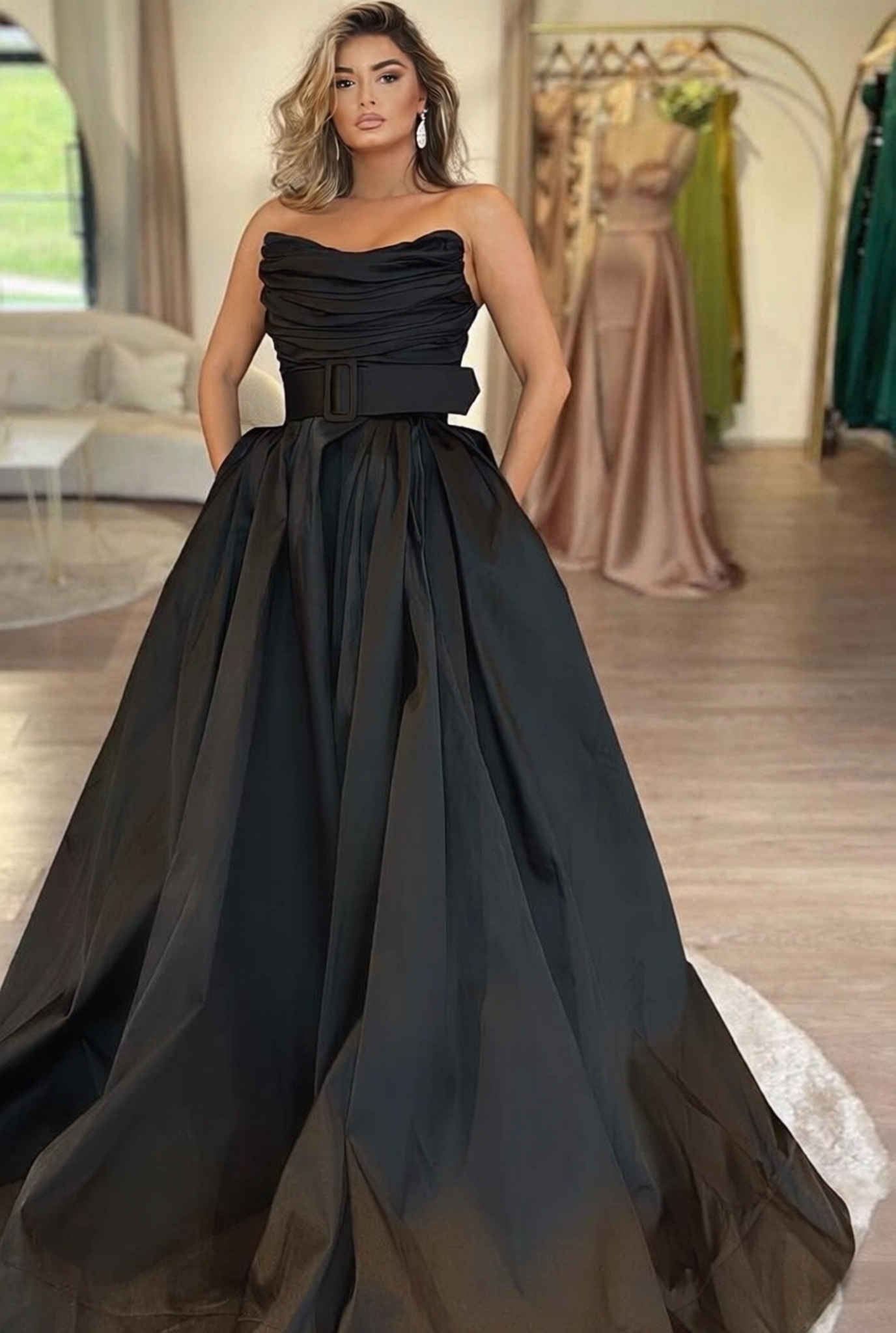 Long Strapless A-Line Satin Floor Length Prom Dress with Slit