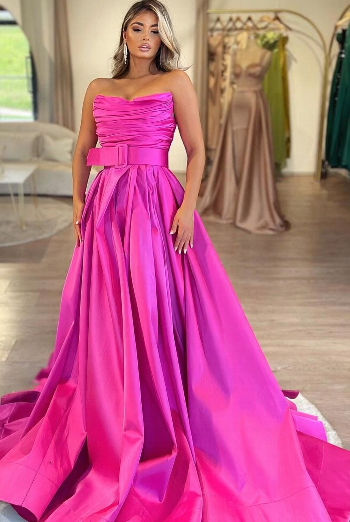 Long Strapless A-Line Satin Floor Length Prom Dress with Slit