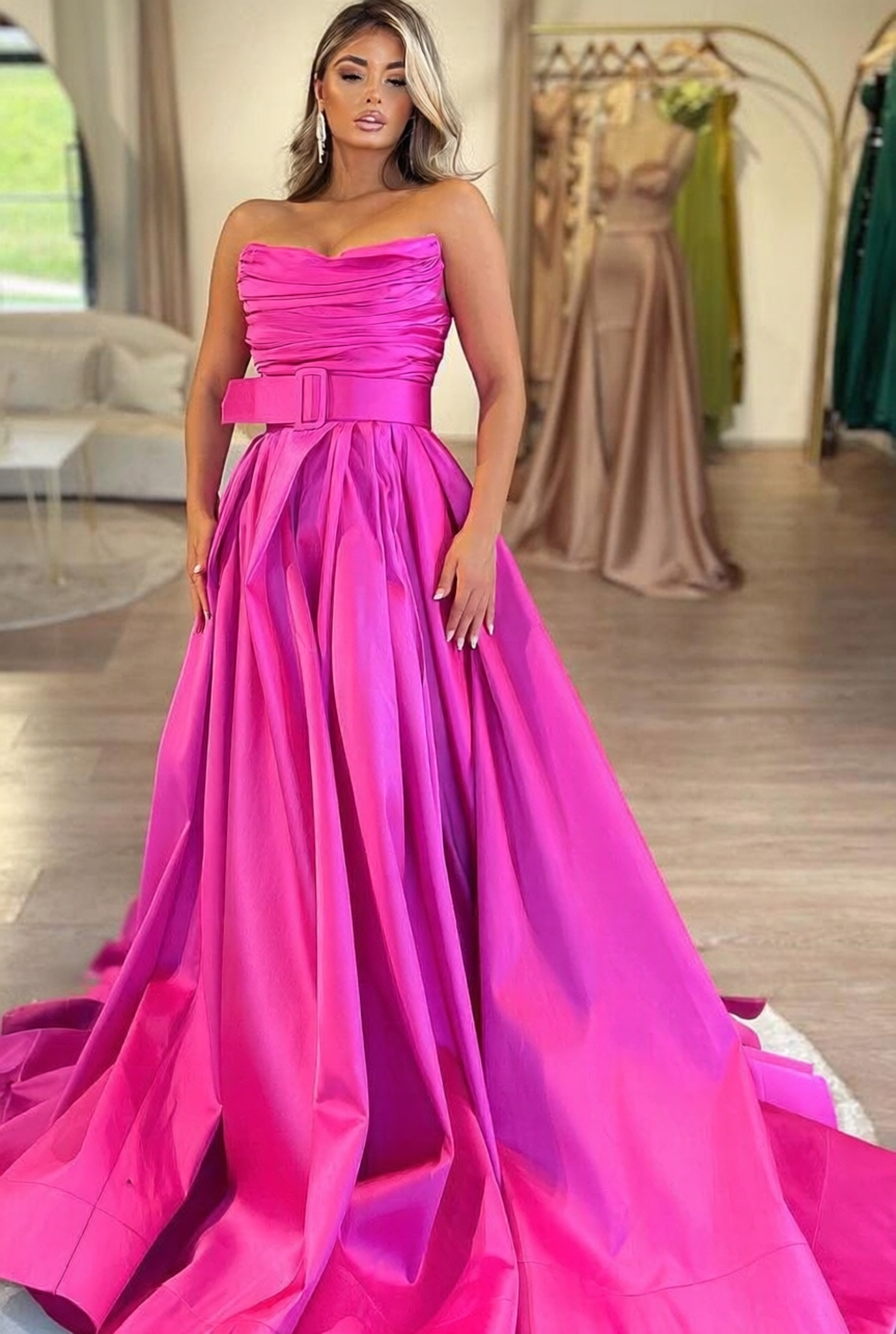 Long Strapless A-Line Satin Floor Length Prom Dress with Slit