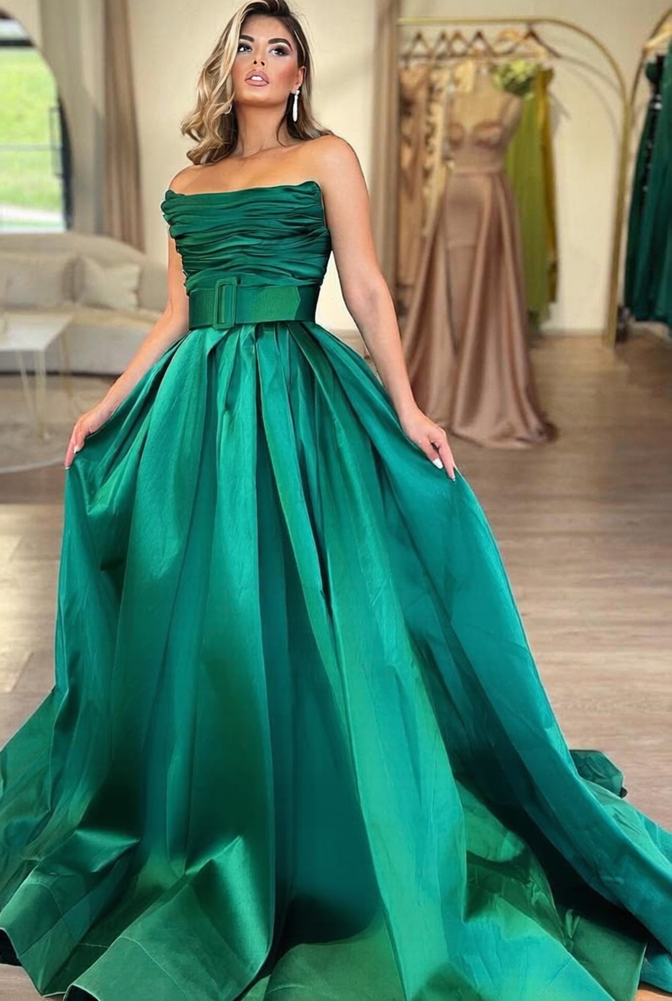 Long Strapless A-Line Satin Floor Length Prom Dress with Slit