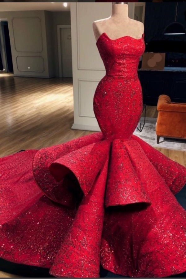 Long Strapless Beading Mermaid Floor Length Formal Prom Dress With Ruffles