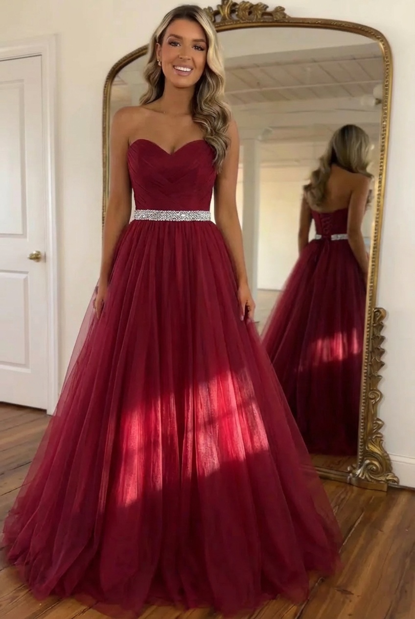 Long Strapless Organza A-line Burgundy Evening Prom Dress