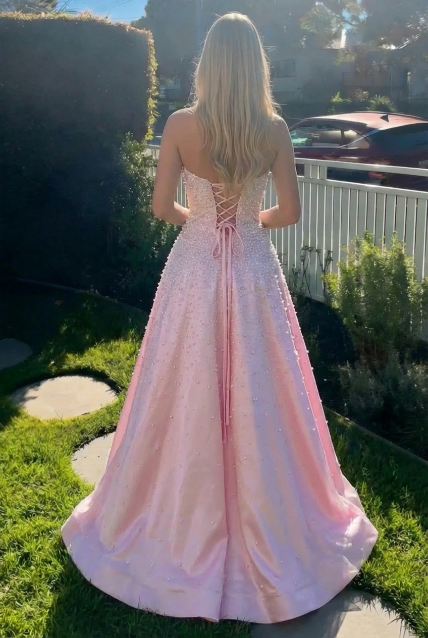 Long Strapless Sleeveless A-line Pearled Pink Prom Dress
